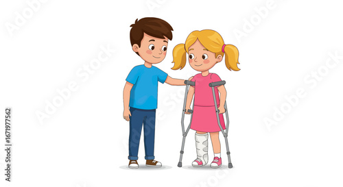 Caring cartoon boy comforting a friend, a young girl with a broken leg in a cast using crutches.