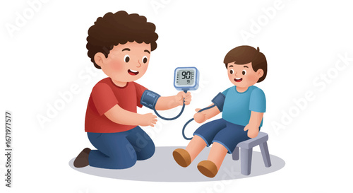 A smiling boy with curly hair checks his friend's blood pressure with a digital monitor.