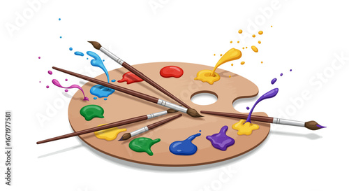 Wooden Artist's Palette with Vibrant Splashing Paint and Various Brushes