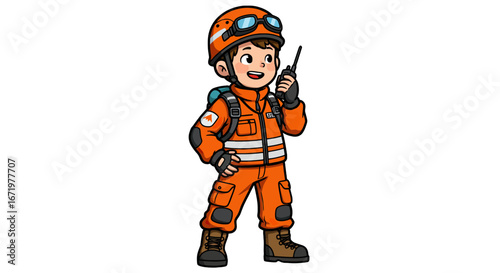 Cartoon rescuer in orange uniform holding a radio and wearing a helmet