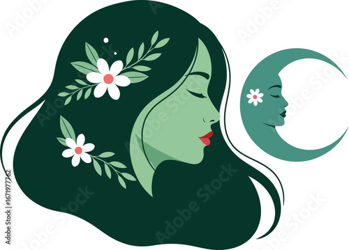 Serene woman with floral hair ornaments expressing peacefulness and lunar symbology in profile