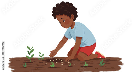 Child Planting Seeds in Garden, Kneeling, Light Blue Shirt, Red Shorts