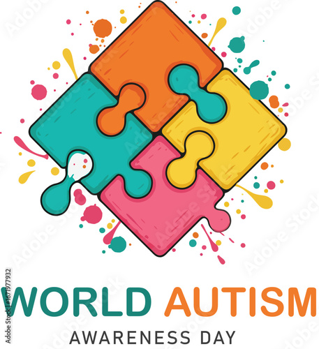 Colorful puzzle pieces connect representing world autism awareness day with celebratory paint splashes