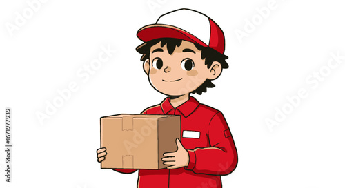 Cartoon Delivery Boy Holding Cardboard Box in Red Uniform and Cap