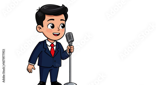 Cartoon Boy in Suit Holding Vintage Microphone on Stand