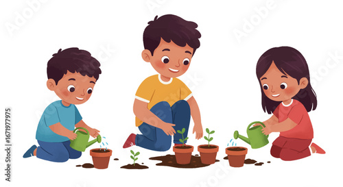Three smiling children joyfully tending to young plants in terracotta pots, kneeling amidst scattered soil, using small green watering cans.