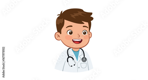 Happy cartoon boy doctor with brown hair, wearing a white lab coat and a stethoscope, smiling friendly.