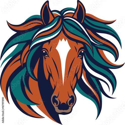 Striking mustang head artwork featuring a flowing turquoise mane for equine enthusiasts and wild spirit
