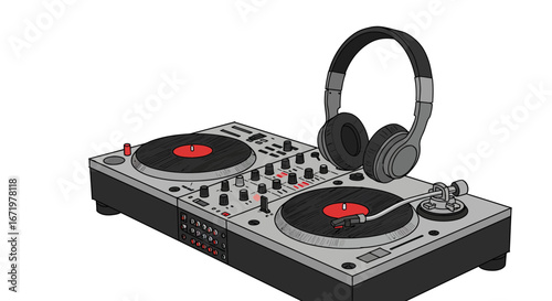 Illustrated DJ turntable console with two vinyl decks, a central mixer, and grey headphones.