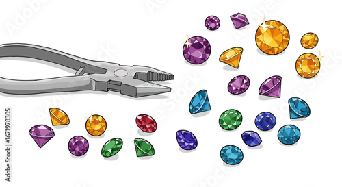 Grey jewelry pliers with textured jaws and sparkling colorful faceted gemstones illustration
