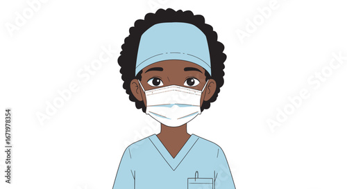 Illustrated portrait of a Black female doctor with curly hair wearing blue scrubs, a surgical cap, and a protective face mask.