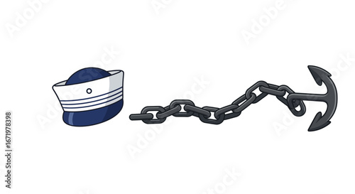 Cartoon Sailor Hat, Metal Chain, and Anchor Illustration