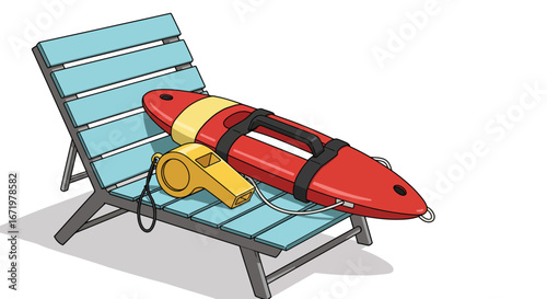 Vibrant red lifeguard buoy and yellow whistle on a light blue slatted beach chair