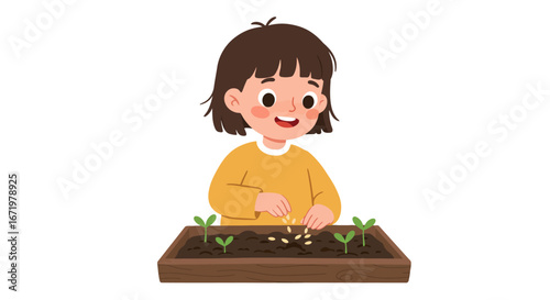 Cheerful child planting seeds in a wooden planter box with sprouts