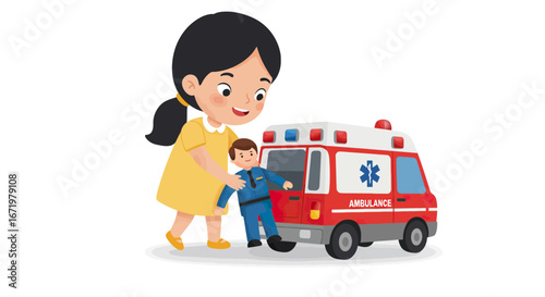Cartoon girl in yellow dress playing with ambulance and paramedic doll.