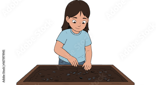 Young girl planting seeds in a wooden planter box with soil