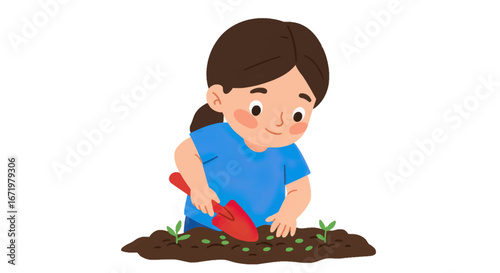 Smiling cartoon girl with a ponytail and blue shirt planting seeds with a red trowel.