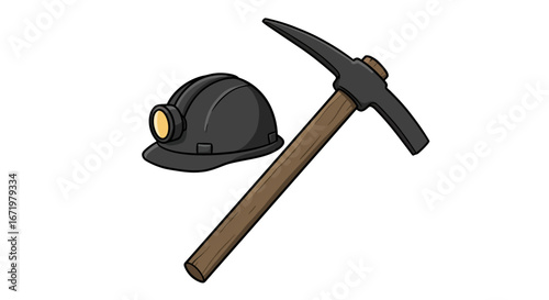 Cartoon mining equipment featuring a black hard hat with a headlamp and a wooden pickaxe.