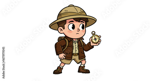 A young cartoon explorer boy in a pith helmet and safari outfit, holding a golden compass with a curious expression.