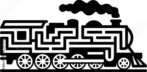 Abstract Maze Train Icon: Black, Bold, Retro Steam Engine Design