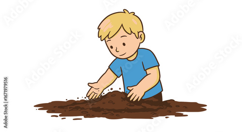 Young boy happily playing with rich brown soil and dirt