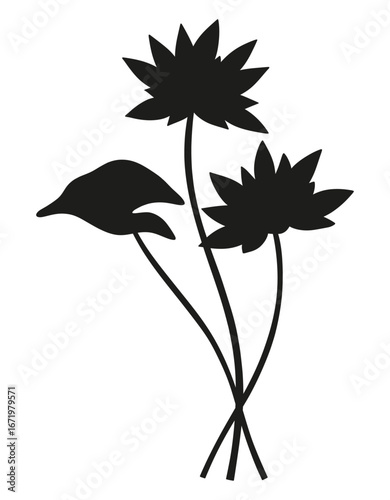 Bouquet silhouette of nymphaea flowers. Bunche of blooming water wild plant, minimal style. Botanical hand-drawn elements for design projects. Vector illustration