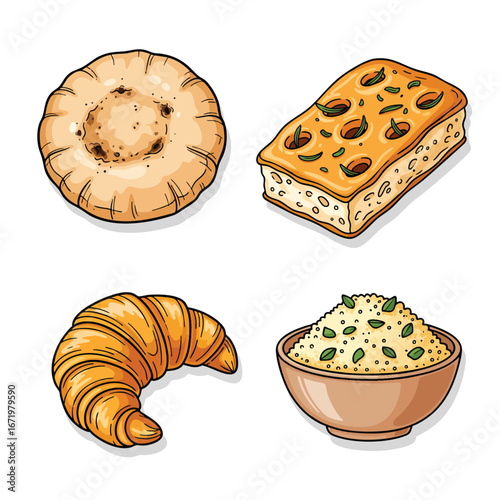 A colorful handdrawn illustration set of staple foods focaccia flatbread croissant and a bowl of rice.