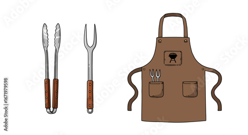Illustrated barbecue cooking set featuring a brown apron with a grill logo, metal tongs, and a carving fork with wooden handles.