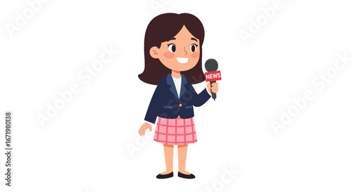 Cartoon Girl Reporter Holding Microphone with "NEWS" Label