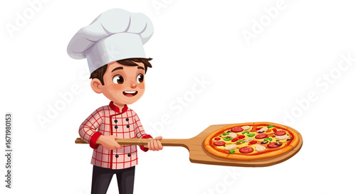 Cheerful young chef presenting a delicious, fully topped pizza on a wooden peel.