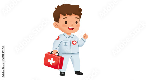 Happy cartoon boy doctor holding red first aid kit, wearing light blue uniform with medical crosses.