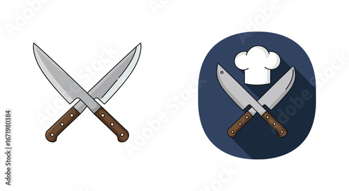 Kitchen knives and chef hat icons for cooking or restaurant concepts