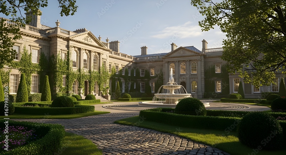 Fototapeta premium Vintage English Palace Exterior with Gardens and Fountain