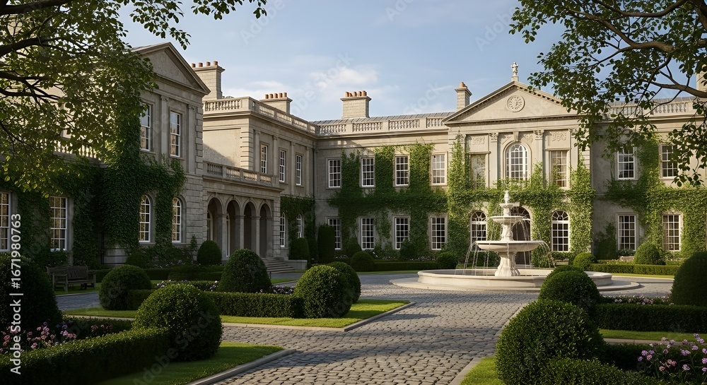 Fototapeta premium Vintage English Palace Exterior with Gardens and Fountain