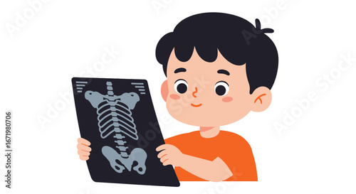 Curious cartoon boy with black hair and an orange shirt examining a skeletal torso X-ray.