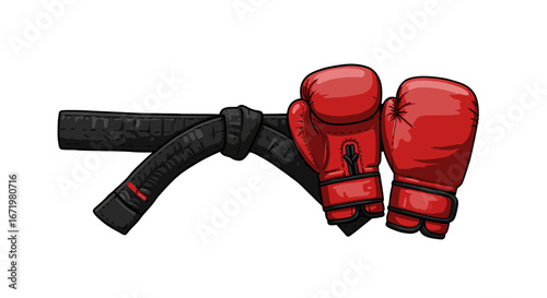 Black Martial Arts Belt Tied with Red Boxing Gloves