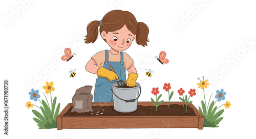 Charming illustration of a young girl with pigtails gardening in a raised flower bed with bees and butterflies.