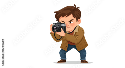 Young Boy Focused on Capturing Image with Vintage Camera