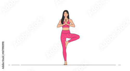 Illustration of a woman in a pink yoga outfit performing the balanced Tree Pose (Vrksasana).