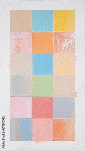 Abstract pastel squares arranged in balance on a plain canvas