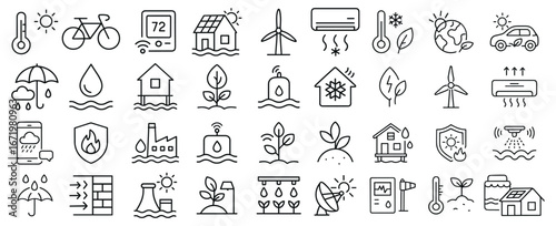 Diverse eco friendly icons displaying renewable energy and sustainable resource management solutions offering insights into climate action and environmental stewardship projects