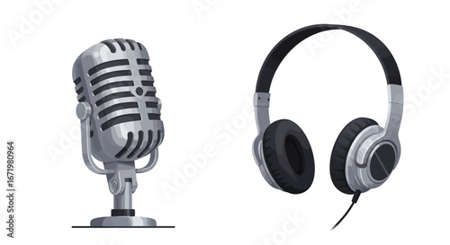 Vintage Microphone and Modern Headphones Set for Audio Recording