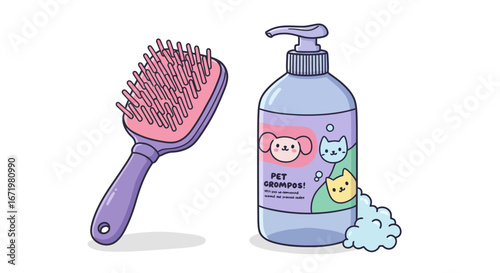 Cute cartoon pet grooming brush and shampoo bottle with adorable dog and cat faces