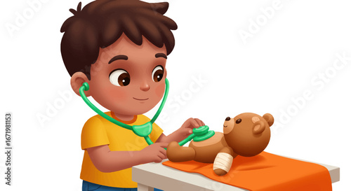 Young boy with a green stethoscope plays doctor, examining his bandaged teddy bear.