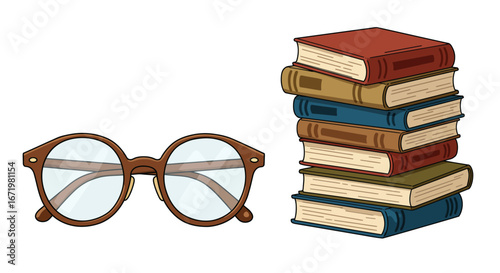 Stack of Colorful Books with Round Brown Eyeglasses Illustration