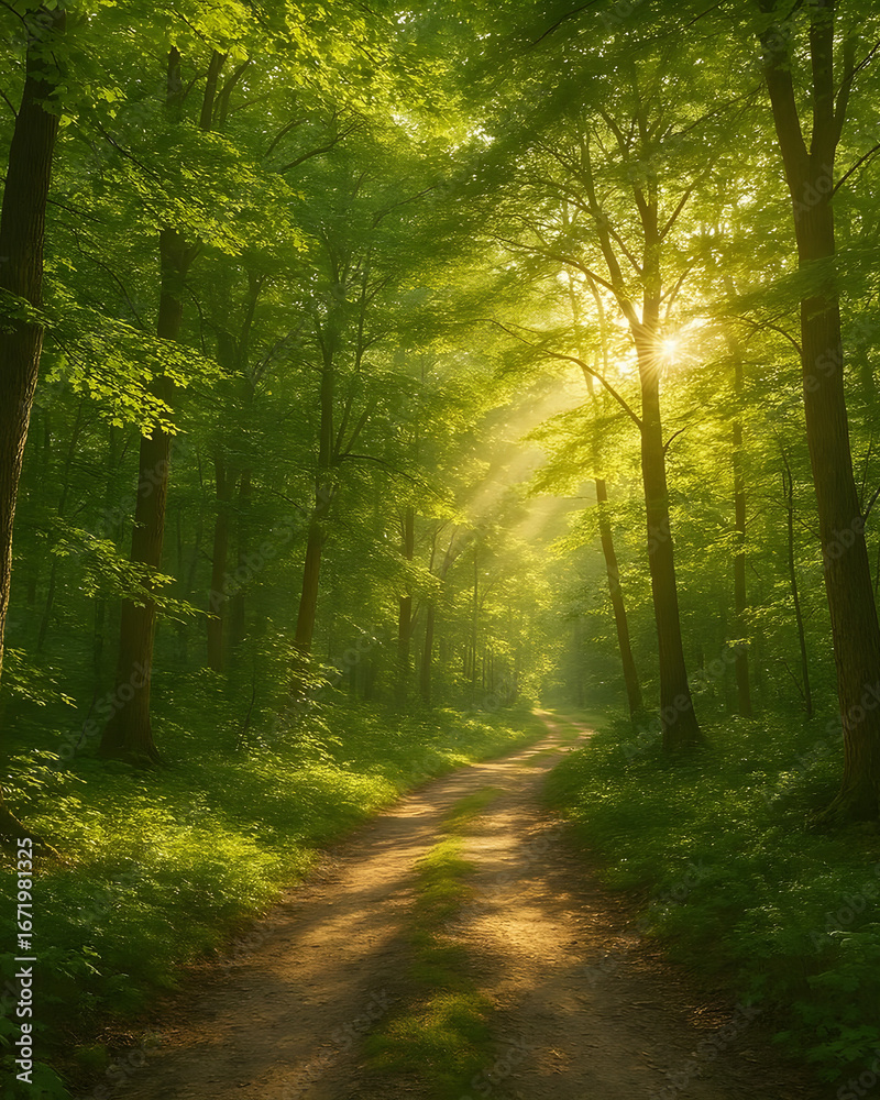 Obraz premium Vibrant Summer Forest Path Wallpaper