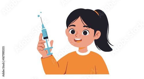 Cartoon Girl Holding a Blue Syringe with a Smiling Expression