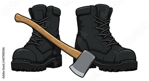 Cartoon Illustration of Black Boots and Wooden Axe, Isolated on White