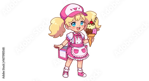 Cheerful chibi ice cream vendor girl with blonde pigtails, wearing a pink uniform and holding a cone.