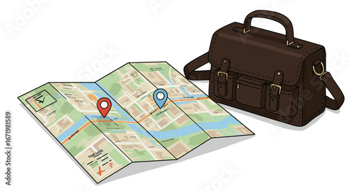 Brown Leather Satchel with Map, Travel and Exploration Concept